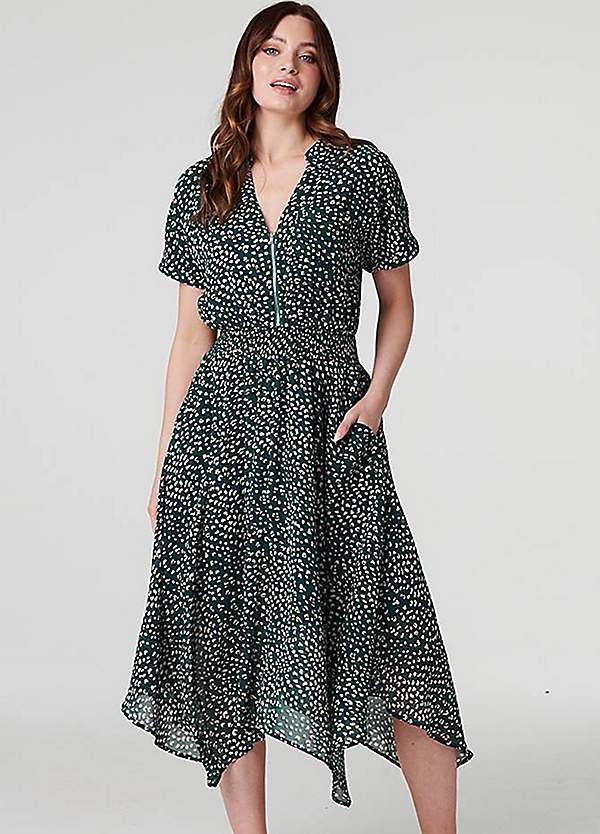 green emerald velvet dress Printed Semi Sheer Hanky Hem Midi Dress main image 0