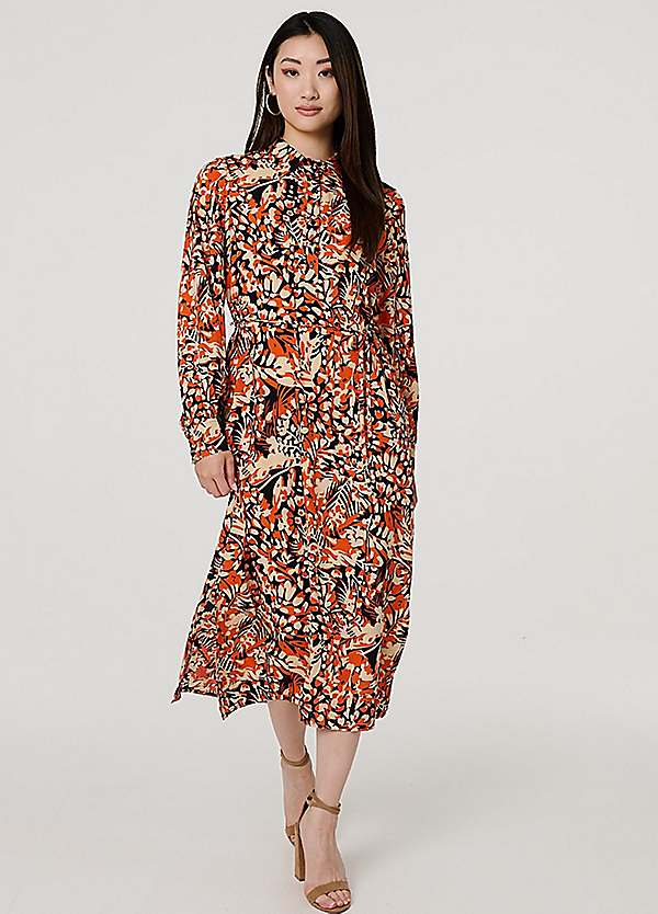 Multi Orange Floral Long Sleeve Midi Shirt Dress by Izabel London