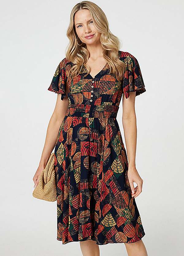Multi Orange Leaf Print V-Neck Knee Length Smock Dress by