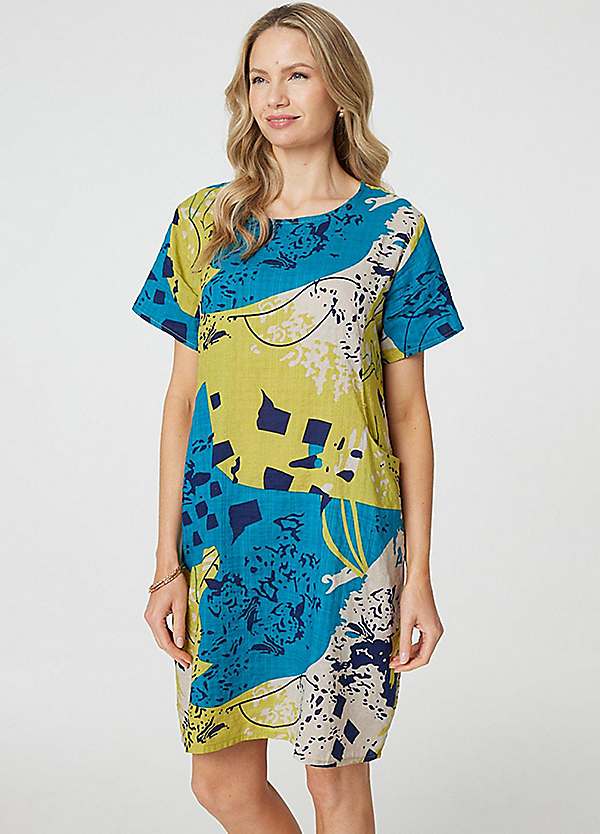 Multi Yellow Abstract Print Short Sleeve Shift Dress by Izabel London