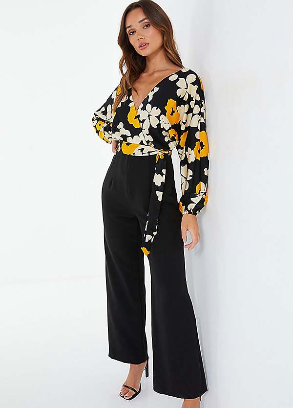 Long Sleeve Wide Leg Floral Jumpsuit - Black