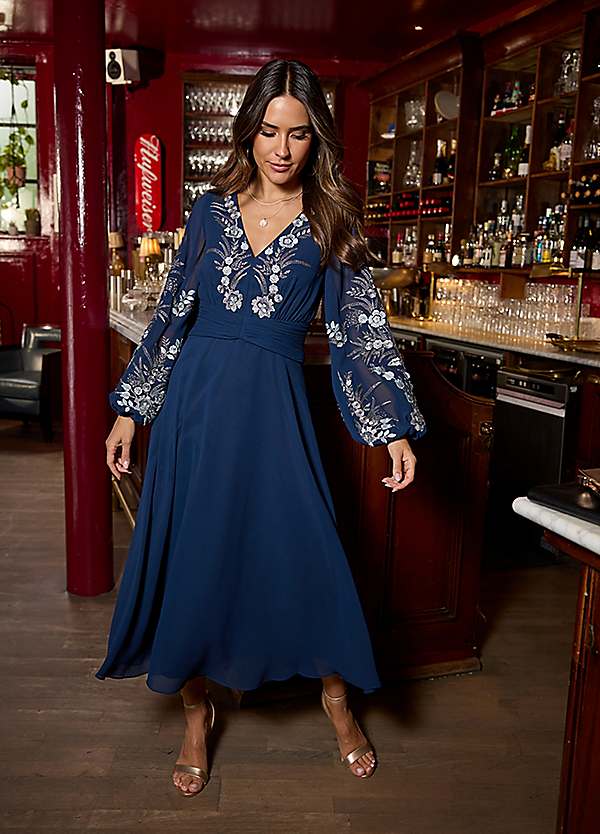 embroidered midi dress uk Emma Floral Embroidered Midi Dress Red | Day Dresses
