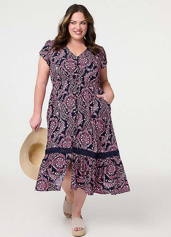 Navy Printed Short Sleeve Lace Trim Maxi Dress by Izabel London