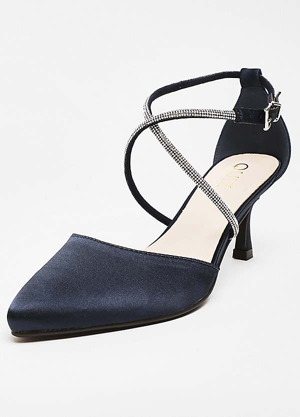 Navy Satin Cross Diamante Low Court Heel Shoes by Quiz