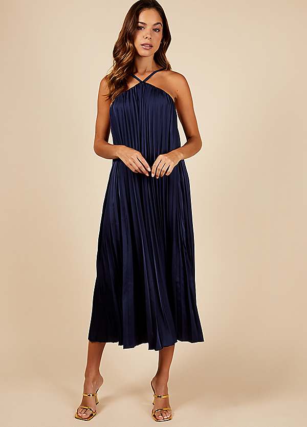 Navy Satin Pleated Midaxi Dress by Little Mistress