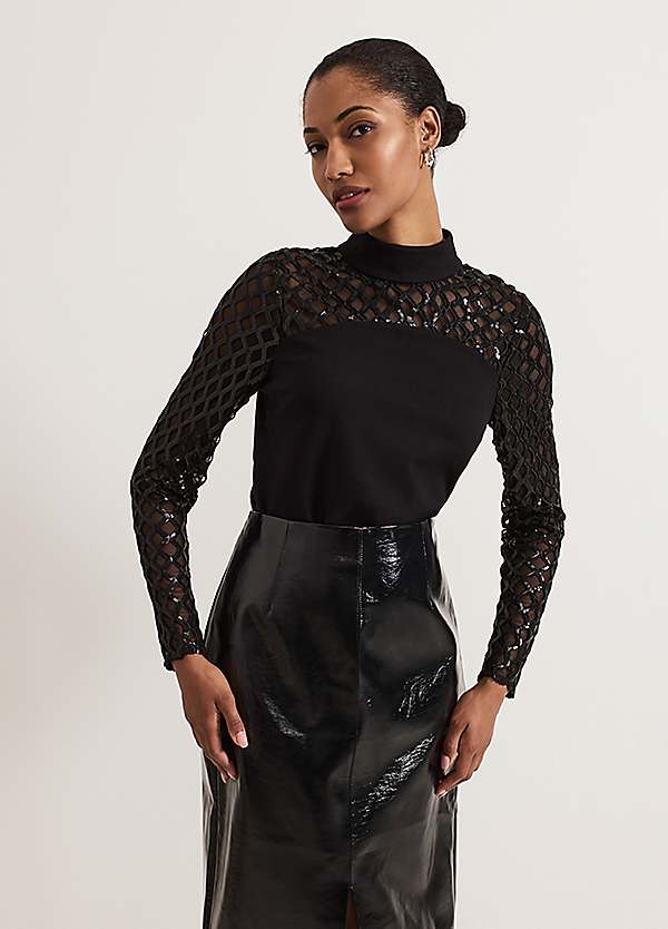 Black sequin mesh top on sale