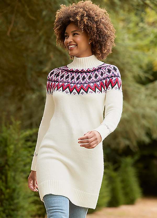 Pink Women's Designer Jumpers Oversized Fair Isle Knit Funnel Neck Jumper Dress By Joe Browns Look Again Pink Women's Designer Jumpers Oversized Fair Isle Knit Funnel Neck Jumper Dress By Joe Browns Look Again