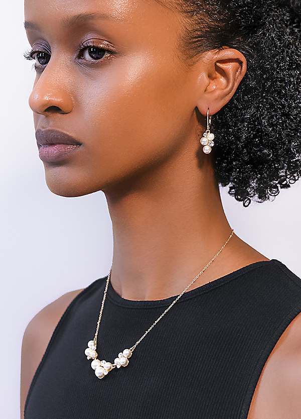 Pearl Crystal Cluster Necklace Earrings in Gold Tone by Anne