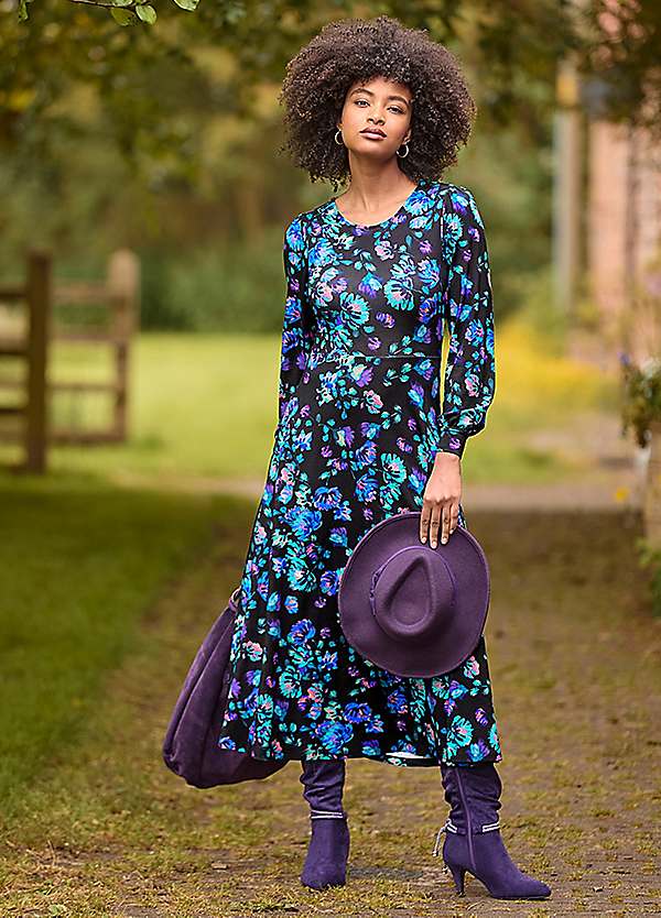 Petite Floral Midi Jersey Dress with Elasticated Cuffs by Joe Browns Look Again