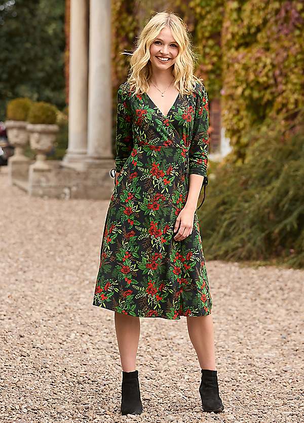 Petite Floral Velour Jersey Knee-Length Wrap Dress by Joe Browns