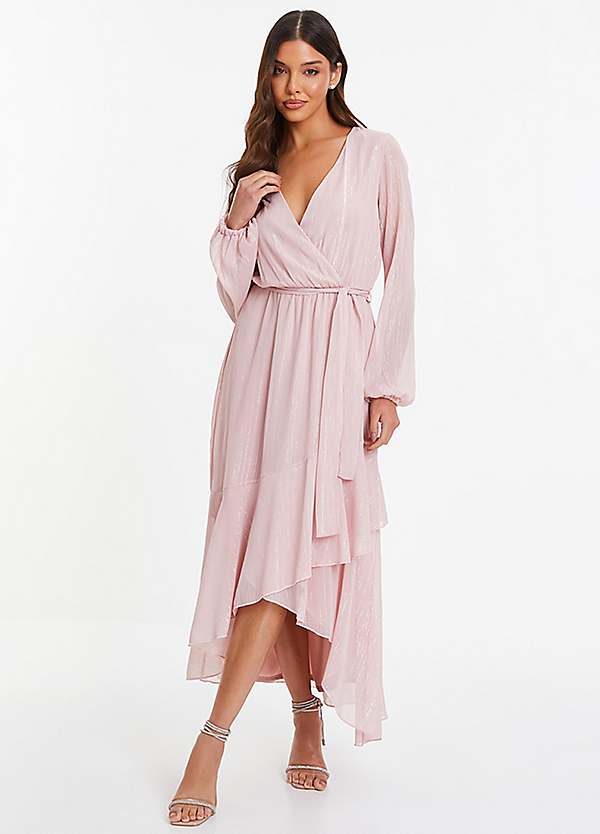 Wrap Long Dress With Frills Pink Metallic Chiffon Long Sleeve Wrap