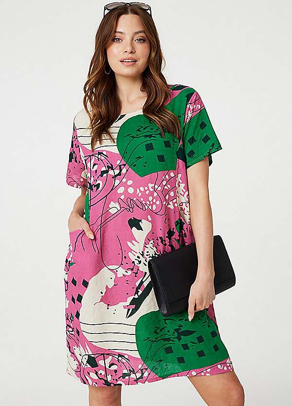 Pink Printed Short Sleeve Relaxed Tunic Dress by Izabel London