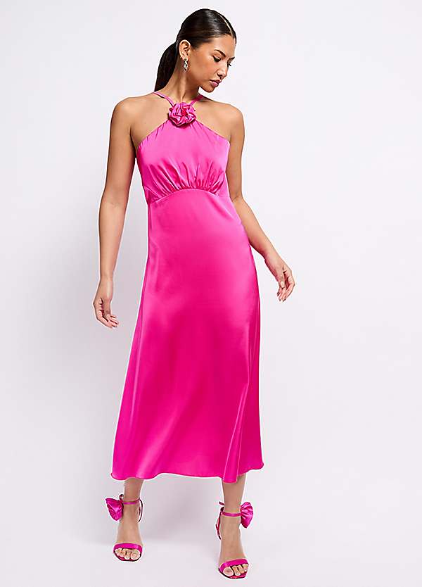 Pink Satin Rosette Midaxi Dress by Vogue Williams by Little Mistress Look Again