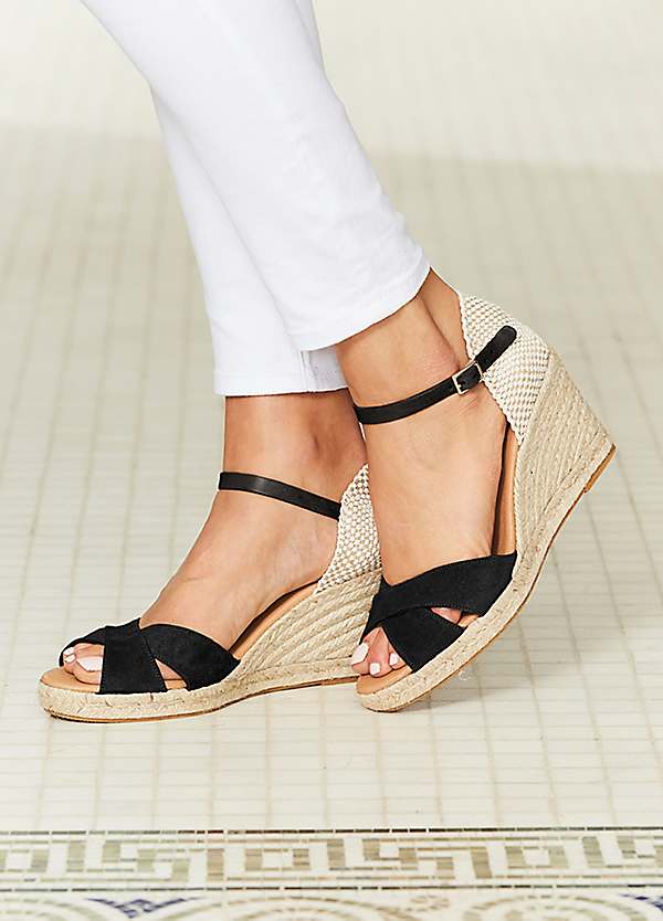 Piper Black Suede Ankle Strap Mid Wedge Espadrille Sandals by Sosandar