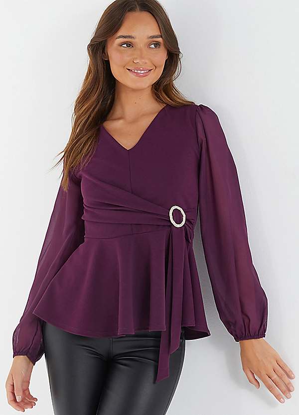 Plum Scuba Crepe Chiffon Sleeve Buckle Detail Top by Quiz