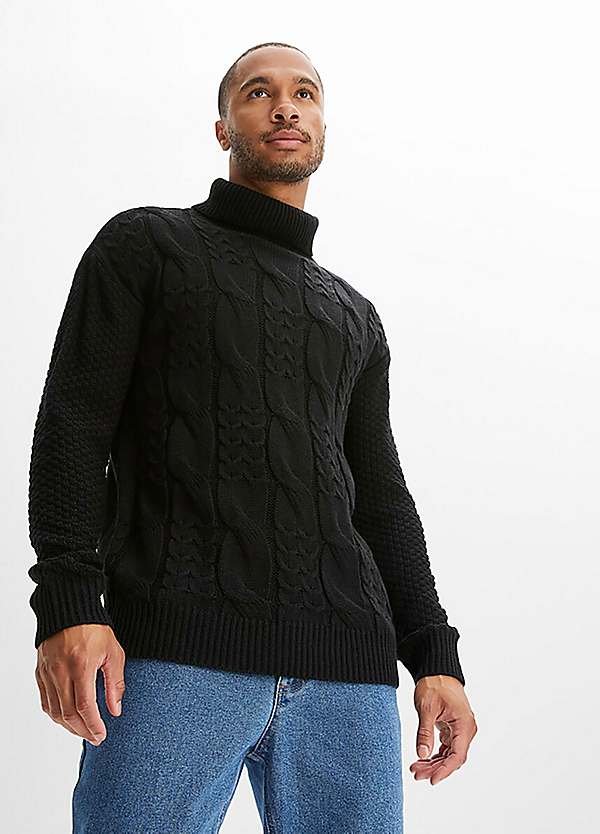 Men's black cable knit turtleneck clearance sweater