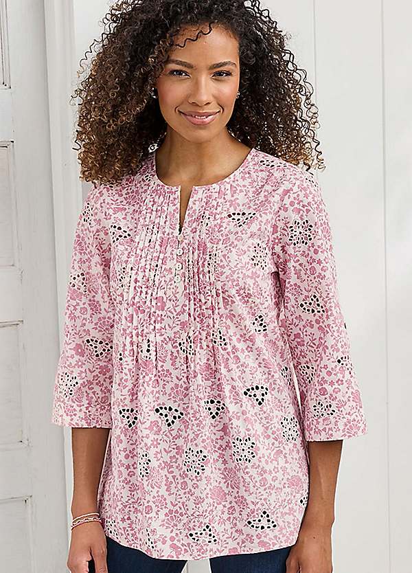 Print Broderie Pintuck Blouse by Cotton Traders | Look Again