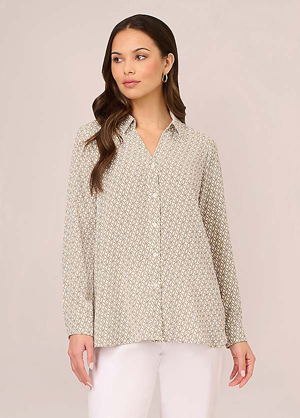 Printed Texture Airflow Woven Long Sleeve V Collar Shirt by Adrianna Papell