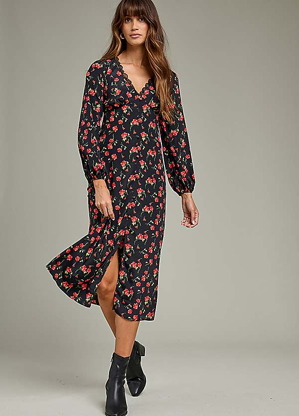 Red/Black Floral Print Midi Dress by Freemans Look Again