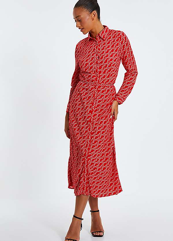 Red Chain Print Chiffon Midi Shirt Dress by Quiz