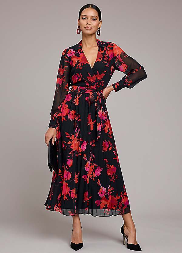 Red Floral Print Pleated Midi Dress by Kaleidoscope