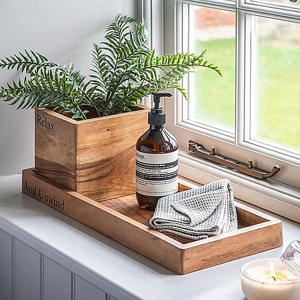 Wood bathroom outlet tray