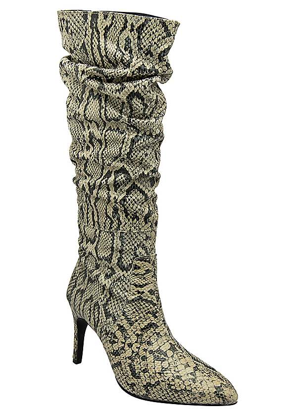 Roslin Grey Snake Ladies Leather Ruched Knee Boots by Ravel Look