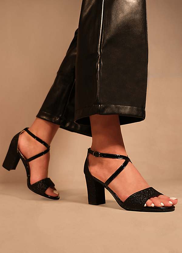 Ruth Black Glitter Block Heel Sandals by Where's That From Look