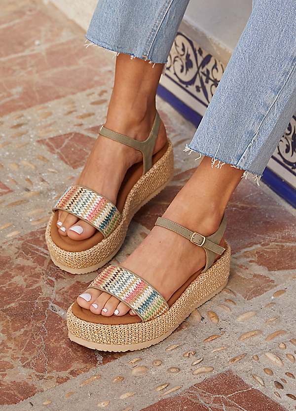 Sage Green Faux Nubuck Multi-Coloured Front Strap Raffia Flatform