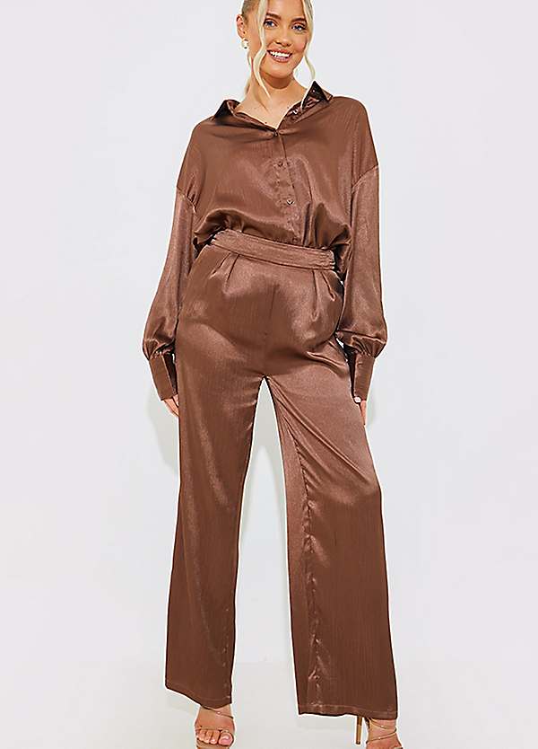 【SKZ I.N.】otona satin wide salopette Satin Wide Leg Trousers Co-Ord in Mocha by In The Style x