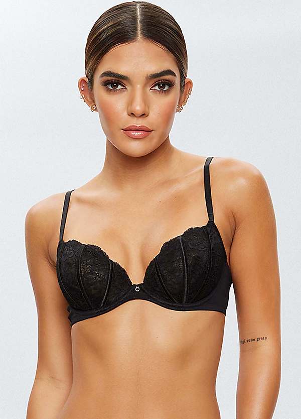 Ann Summers Enraptured Lace Padded Plunge Bra With Pu Detailing in Black