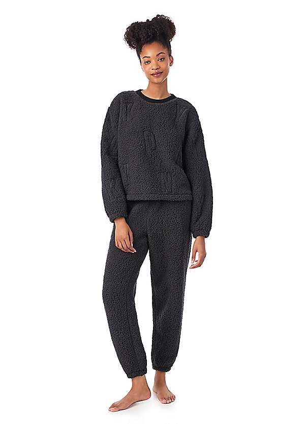 Sherpa Fleece Long Sleeve Top Jogger Set by DKNY Look Again
