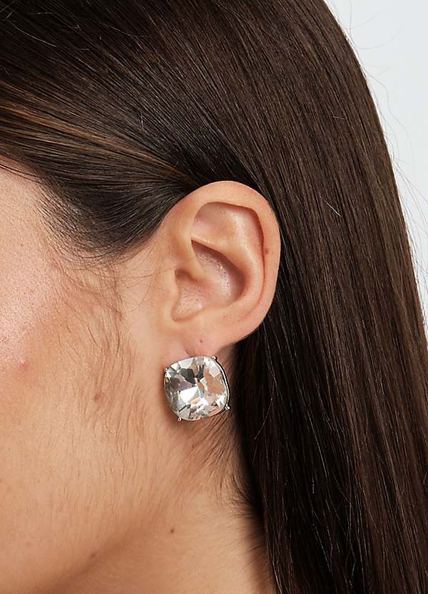 Silver Crystal Faceted Cushion Stud Earrings by Mood Look Again