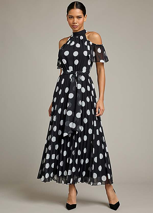 Spot Print Pleated Cold Shoulder Maxi Dress by Kaleidoscope | Look Again
