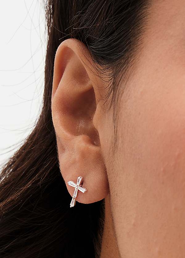 Sterling Silver 925 Cubic Zirconia Fine Cross Stud Earrings by