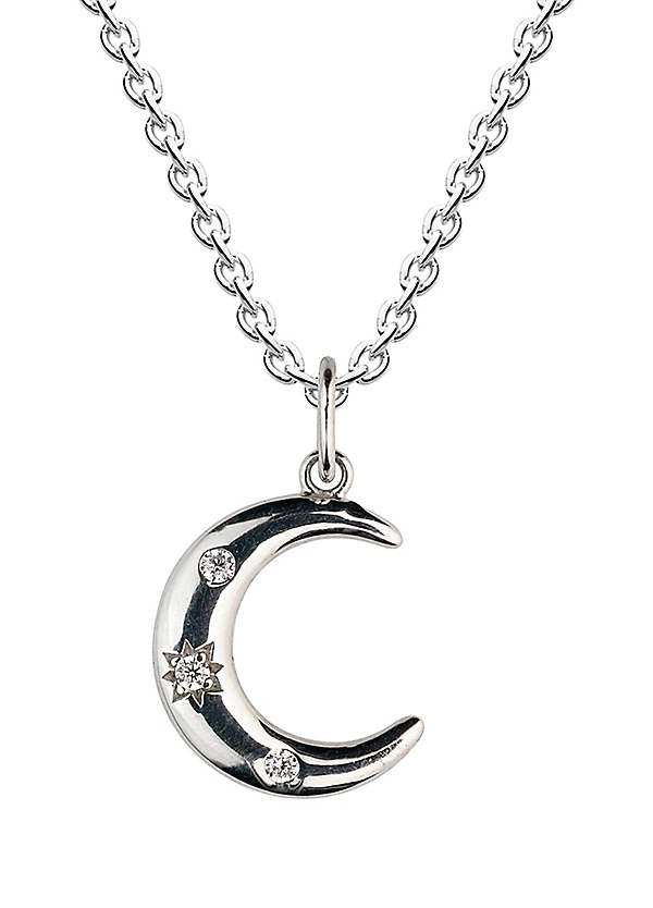 Sterling Silver Star Set Cubic Zirconia Crescent Moon Necklace by
