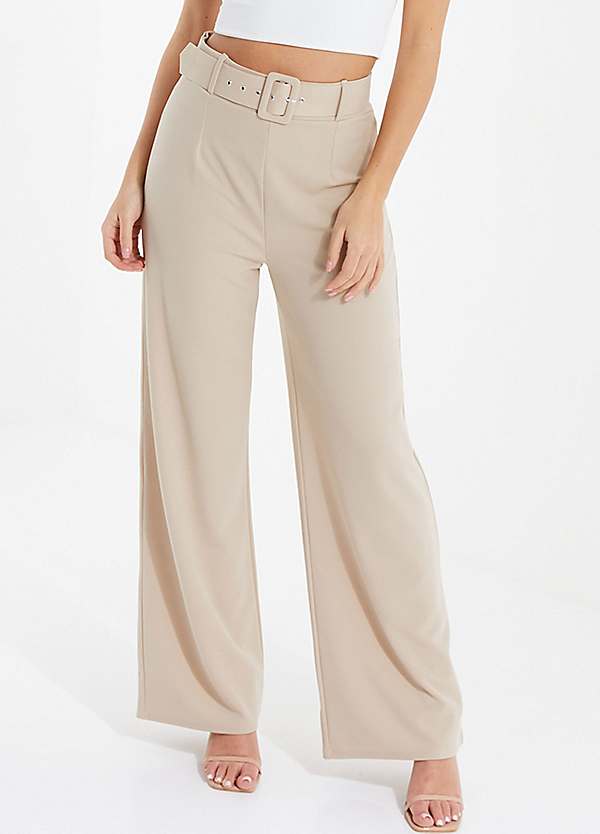 Stone High Waist Belted Palazzo Trousers by Quiz