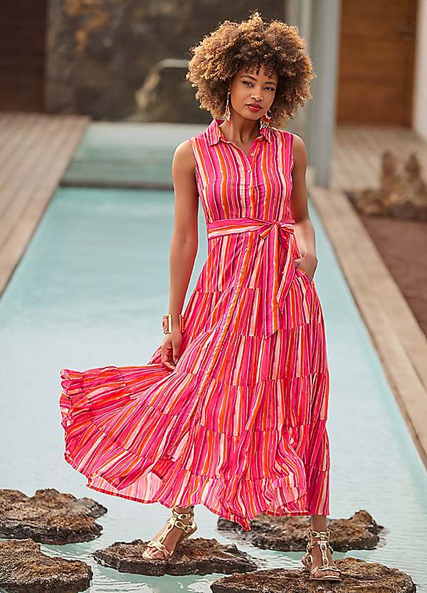 Striped Sleeveless Button Through Maxi Shirt Dress by Joe Browns | Look  Again