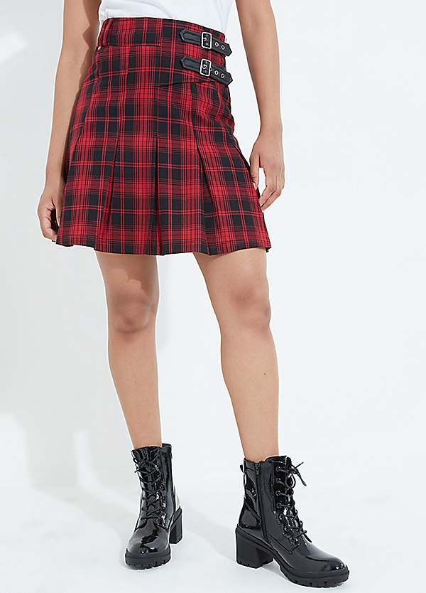 Tartan Check Pleated Buckle Detail Mini Skirt by Joe Browns