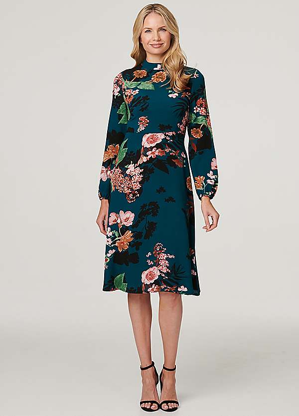 Teal Floral High Neck Midi Dress by Izabel London Look Again