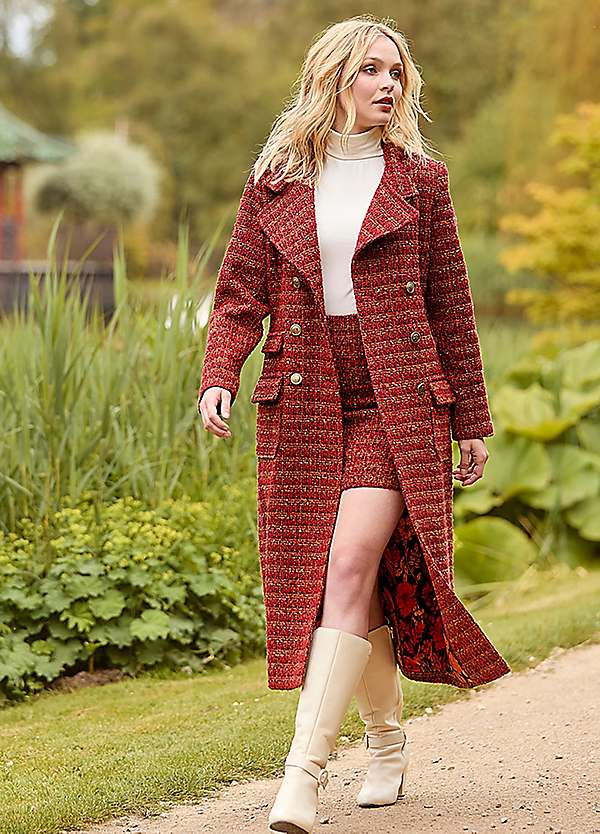 Textured Tweed Double Breasted Maxi Coat by Joe Browns