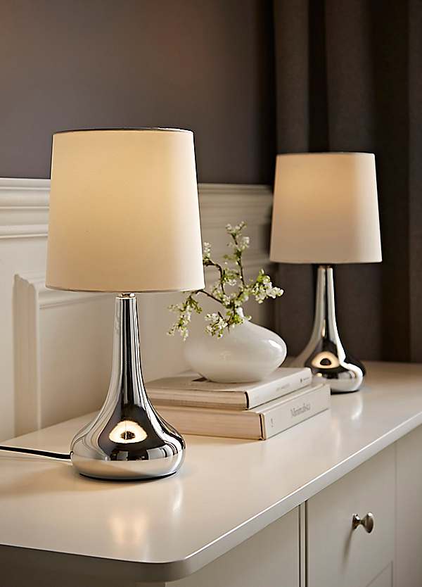 ValueLights Teardrop Pair of Chrome Touch Table Lamps with Cream