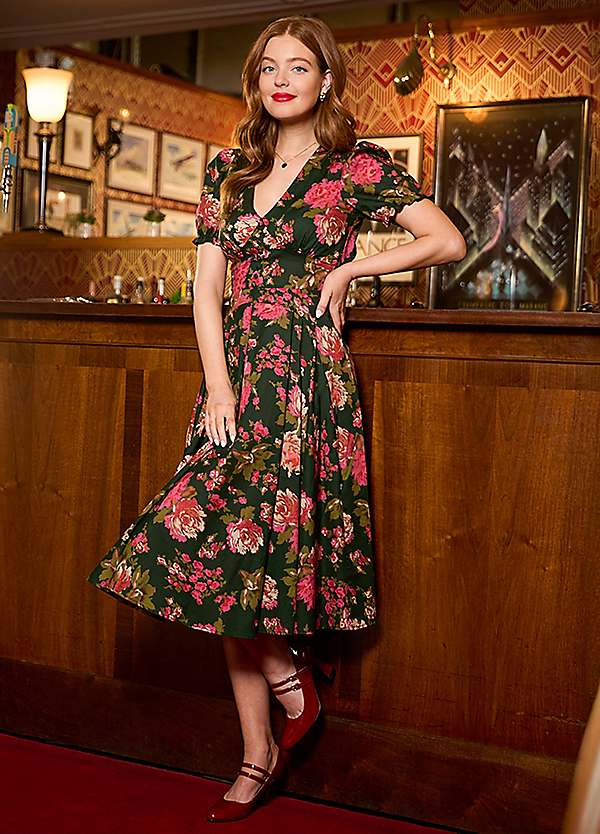 Vintage Floral V Neck Puff Sleeve Midi Dress by Joe Browns