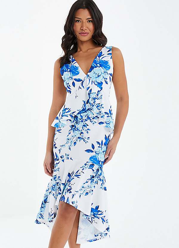 Navy floral dip outlet hem dress