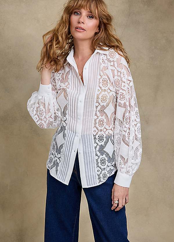 White Floral Lace Shirt by Together Look Again - Main Image