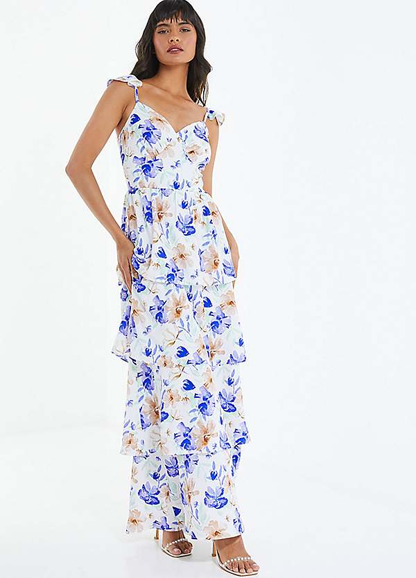 White Floral Print Tiered Maxi Dress with Slit by Quiz