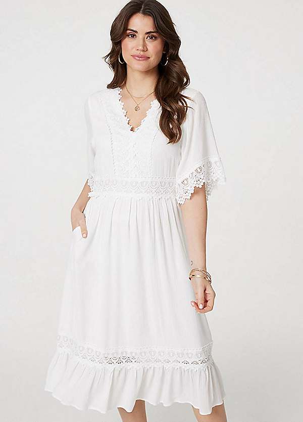 White Lace Trim Three Quarter Sleeve Midi Dress by Izabel London Look Again