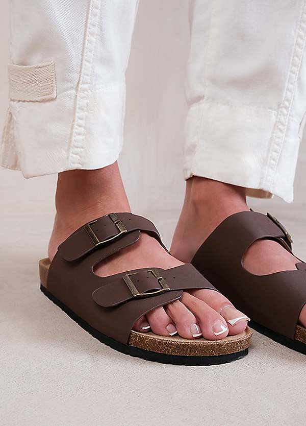 Willow Brown Nubuck Two Strap Buckle Flat Sandals by Where's That From