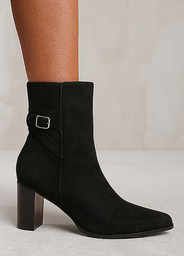 Winter Block Heel Boots with Buckle Detail in Black Suede by