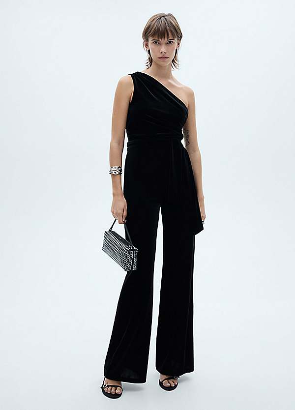 Xmel Black Velvet One Shouldered Jumpsuit by Mango